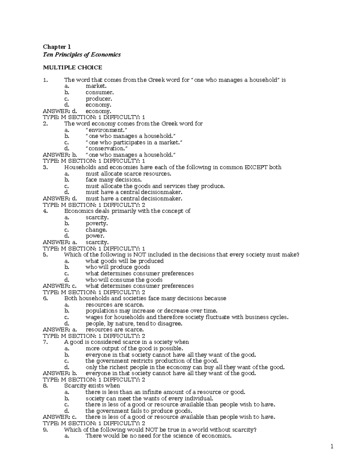 Chapter 1 - Principles of Economics: Multiple Choice Questions - Studocu