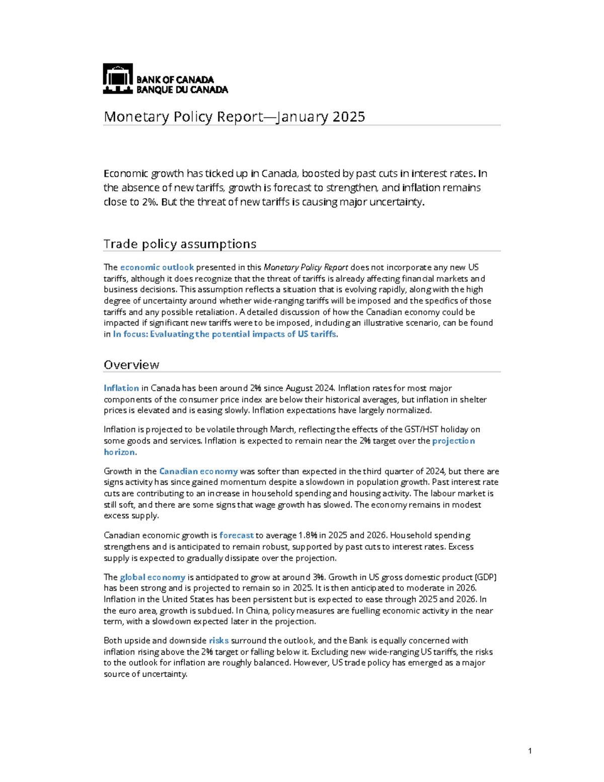 Bank of Canada Monetary Policy Report Jan 2025 - Monetary Policy Report ...