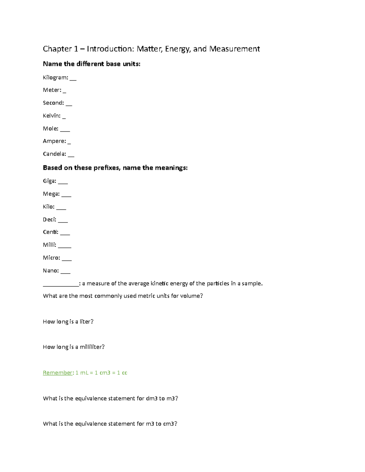 Chem exam 1 review - (Gariano) - Chapter 1 – Introduction: Matter ...