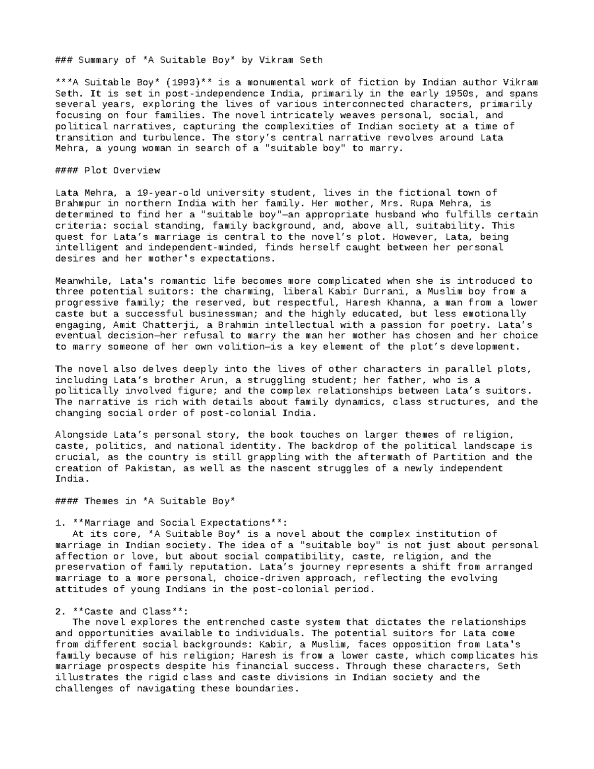 801150709 Summary of A Suitable Boy by Vikram Seth - Studocu