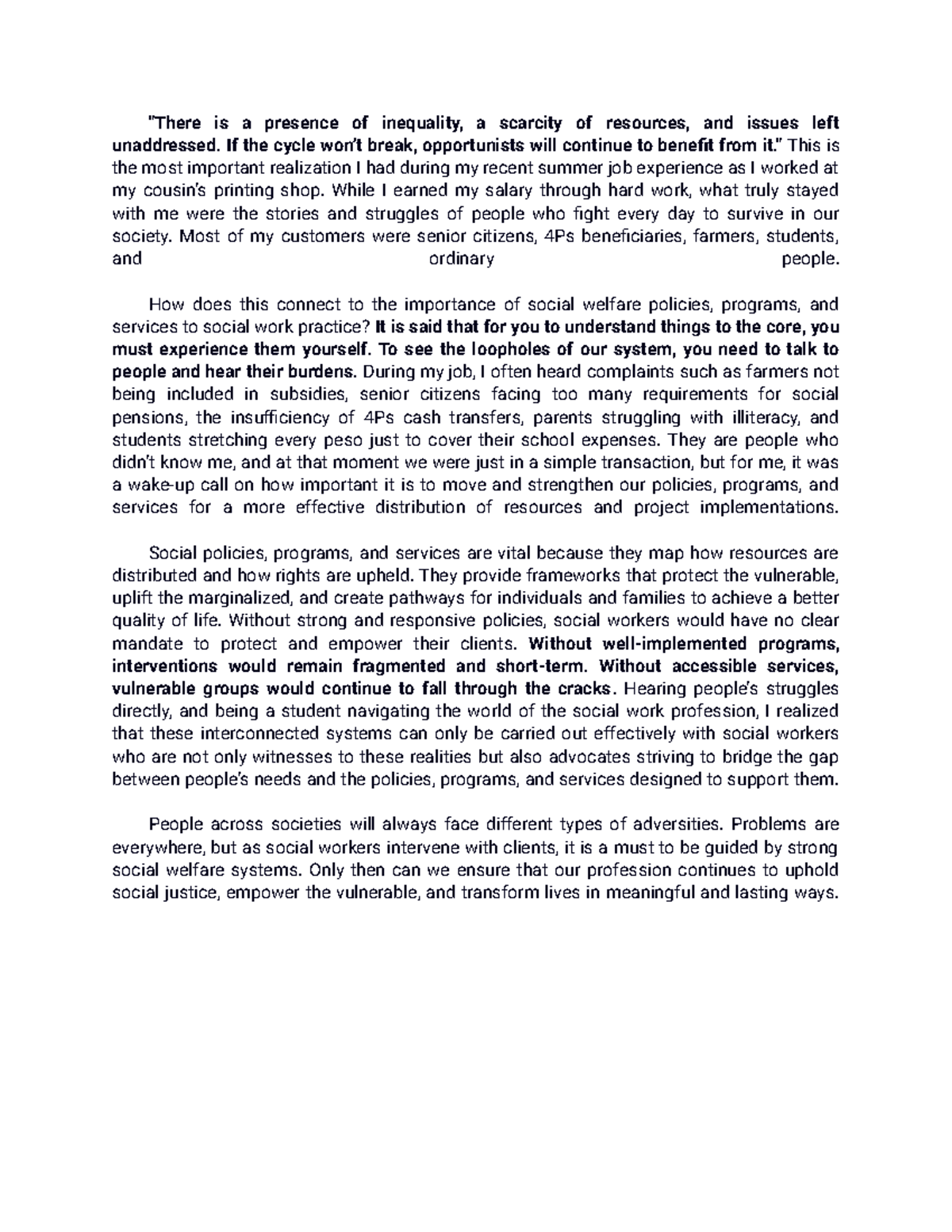 Reflection on Social Welfare Policies: Insights from Summer Job ...