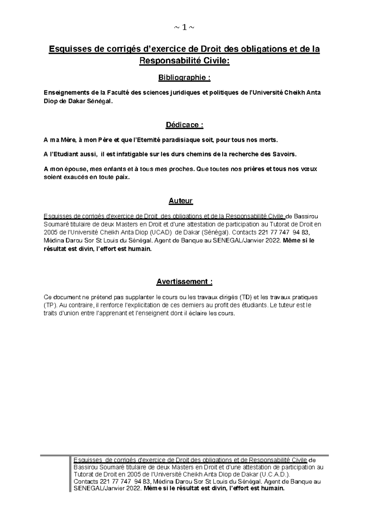 Esquisses de Corrigés de Droit des Obligations et Responsabilité Civile - UCAD - Document Preview