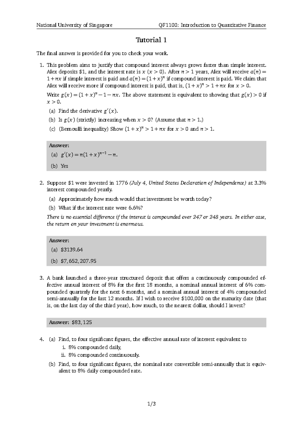 Qf tutorial 1 - National University of Singapore QF1100: Introduction ...
