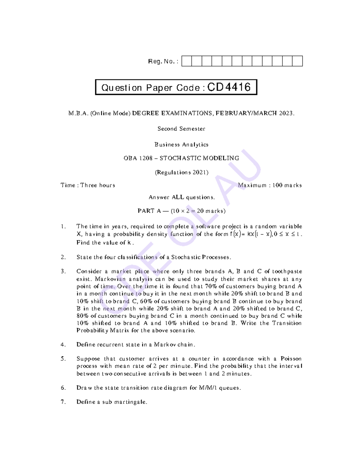 OBA 1208 SM - Stochastic Modeling Question Paper, MBA 2023 - Studocu