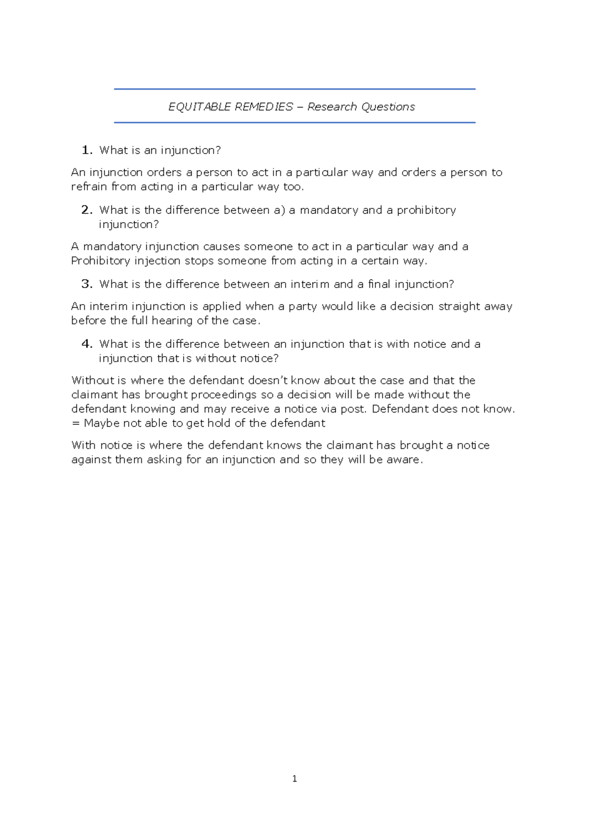 Equitable Remedies - Module = Equity and Trusts. I have answered some ...