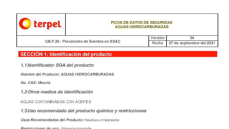 FICHA DE DATOS DE SEGURIDAD AGUAS HIDROCARBURADAS GB.F.35 - Document Preview