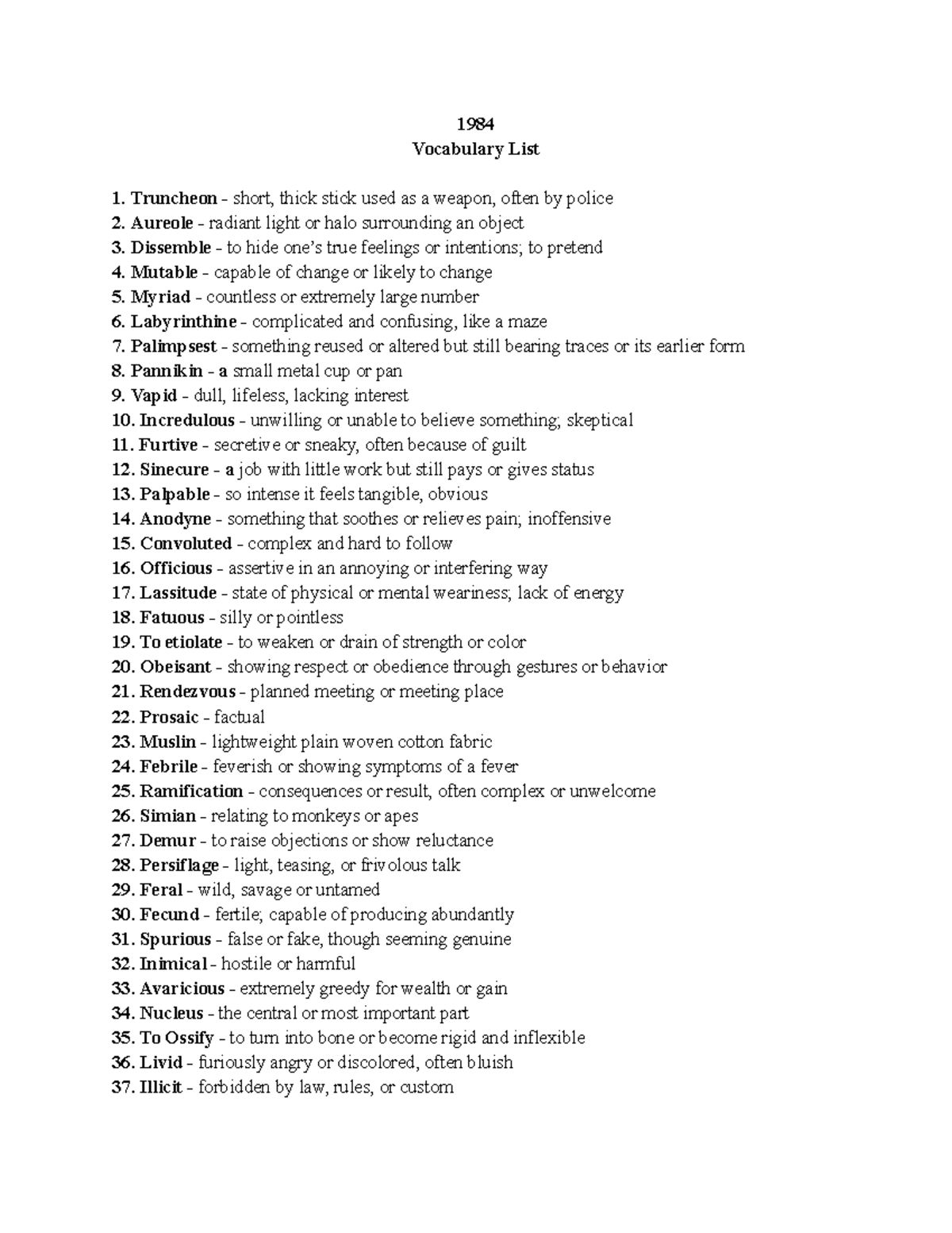 1984 Vocabulary List - Essential Terms & Definitions for Study - Studocu