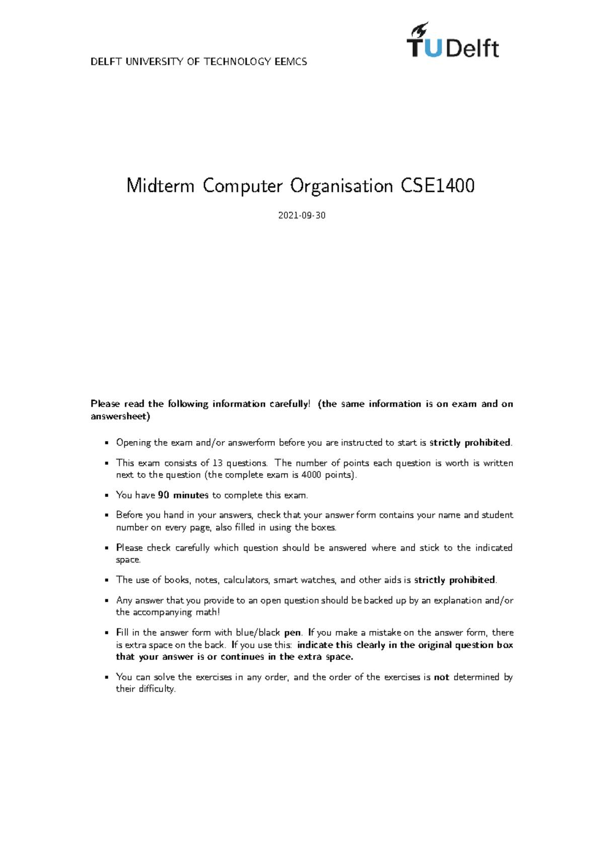 Midterm Exam 2021: Computer Organisation CSE - Key Instructions ...