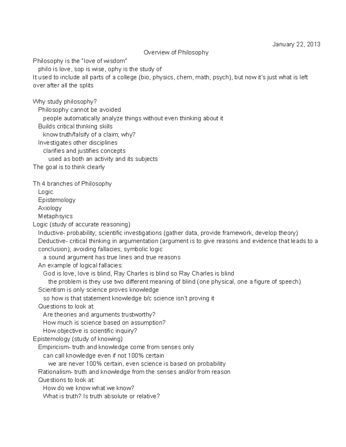 PHIL 2000 - Lecture Notes on the Fundamentals of Philosophy Overview ...