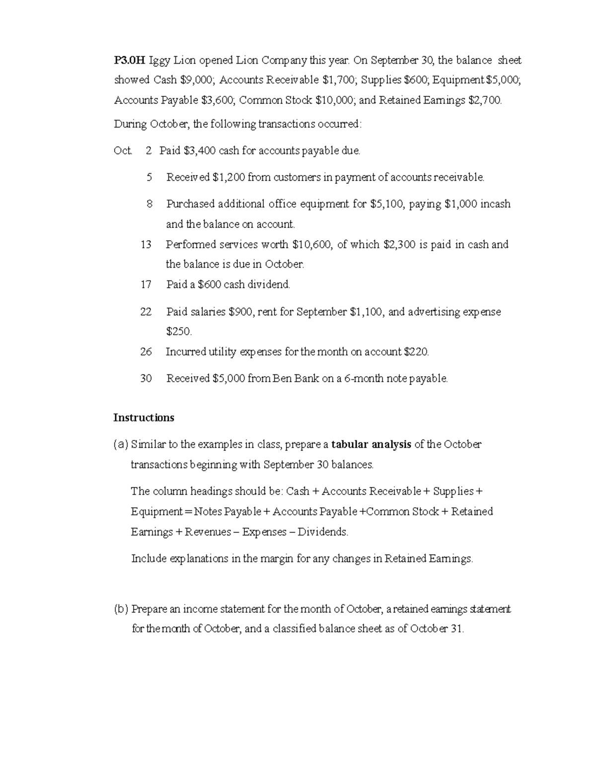 P3.0H October Transactions Analysis and Financial Statements - Studocu