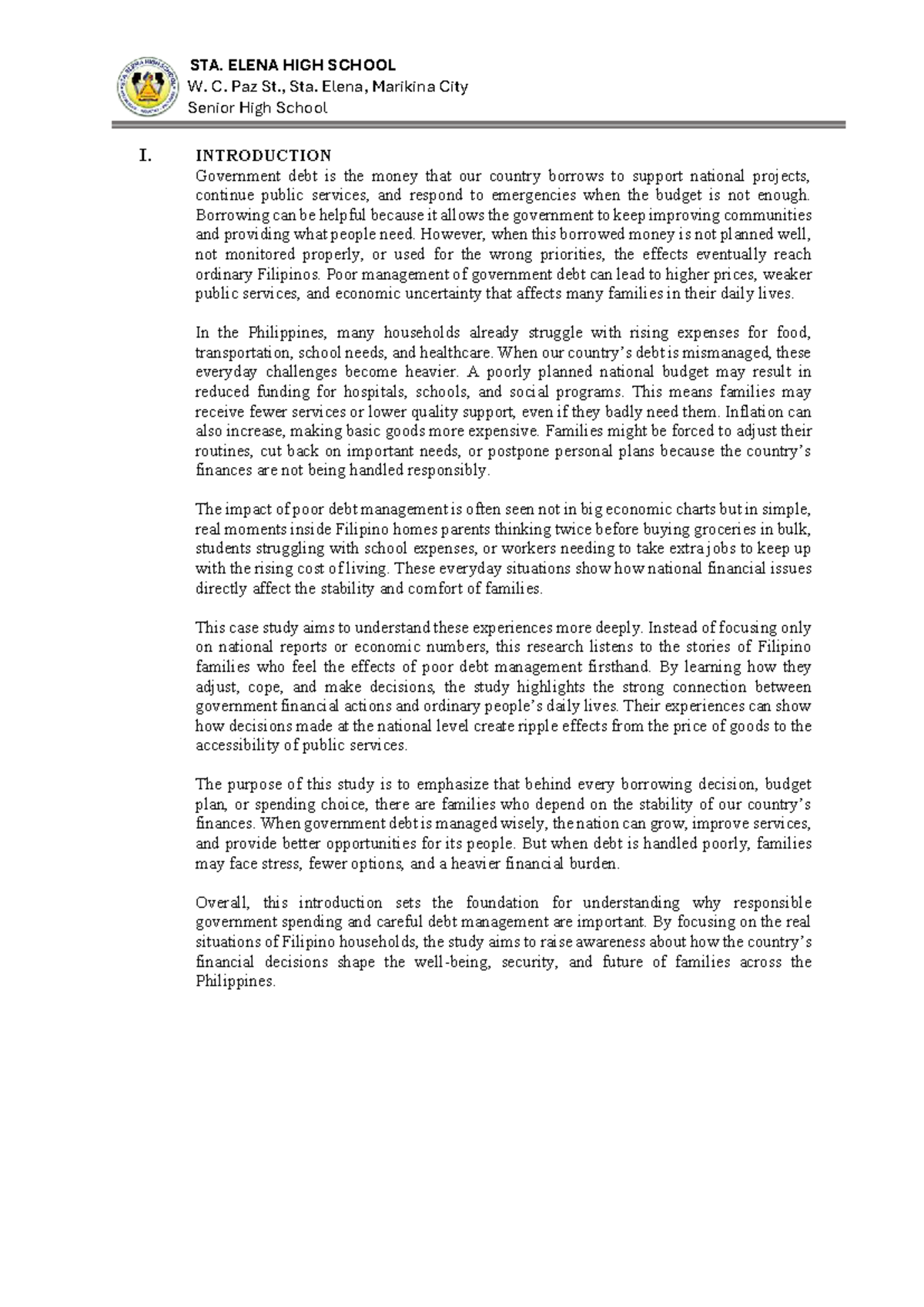 STA. ELENA HIGH SCHOOL Case Study on Government Debt Impact on Filipino ...