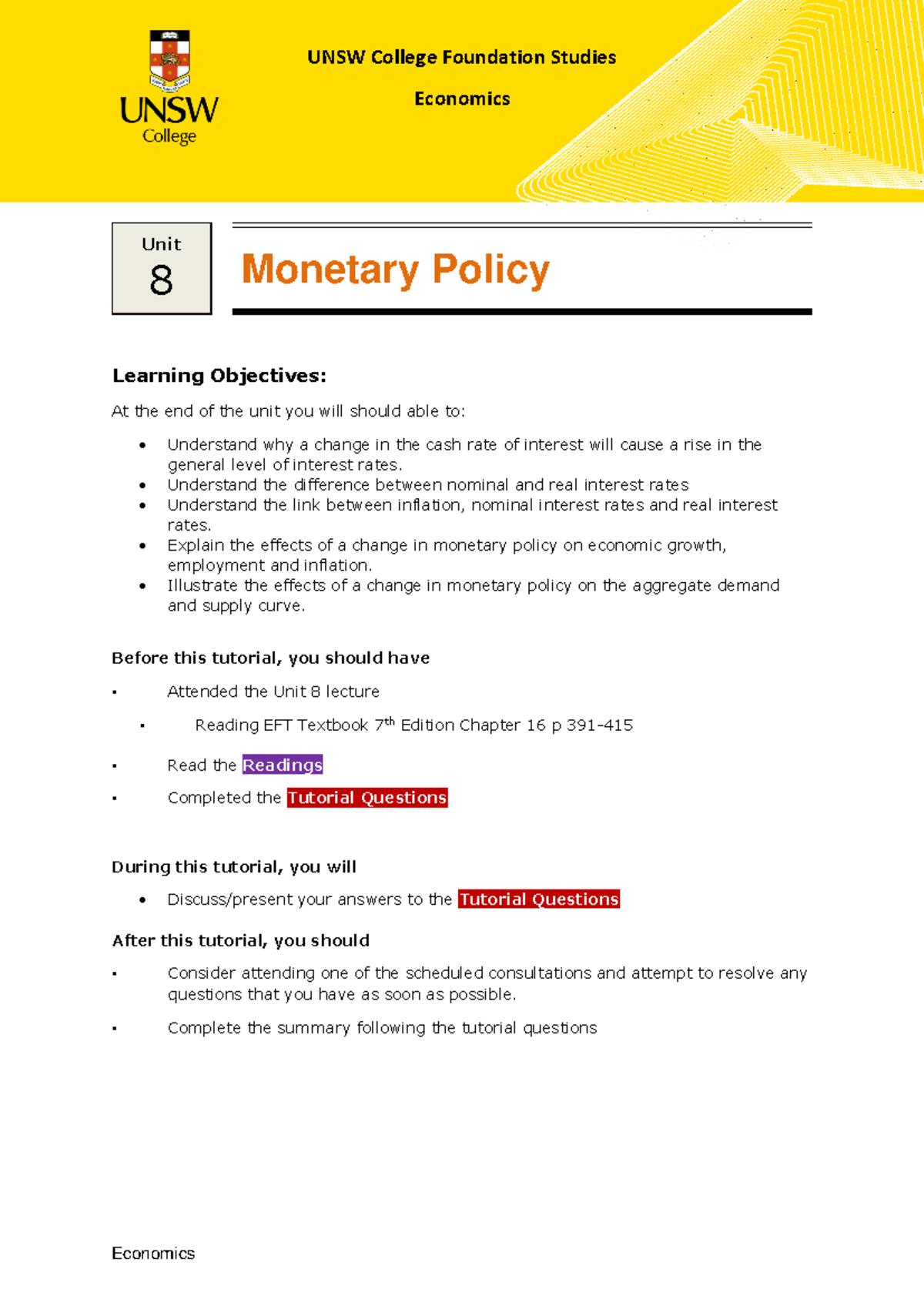 UNSW College Unit 8: Understanding Monetary Policy and Its Effects ...