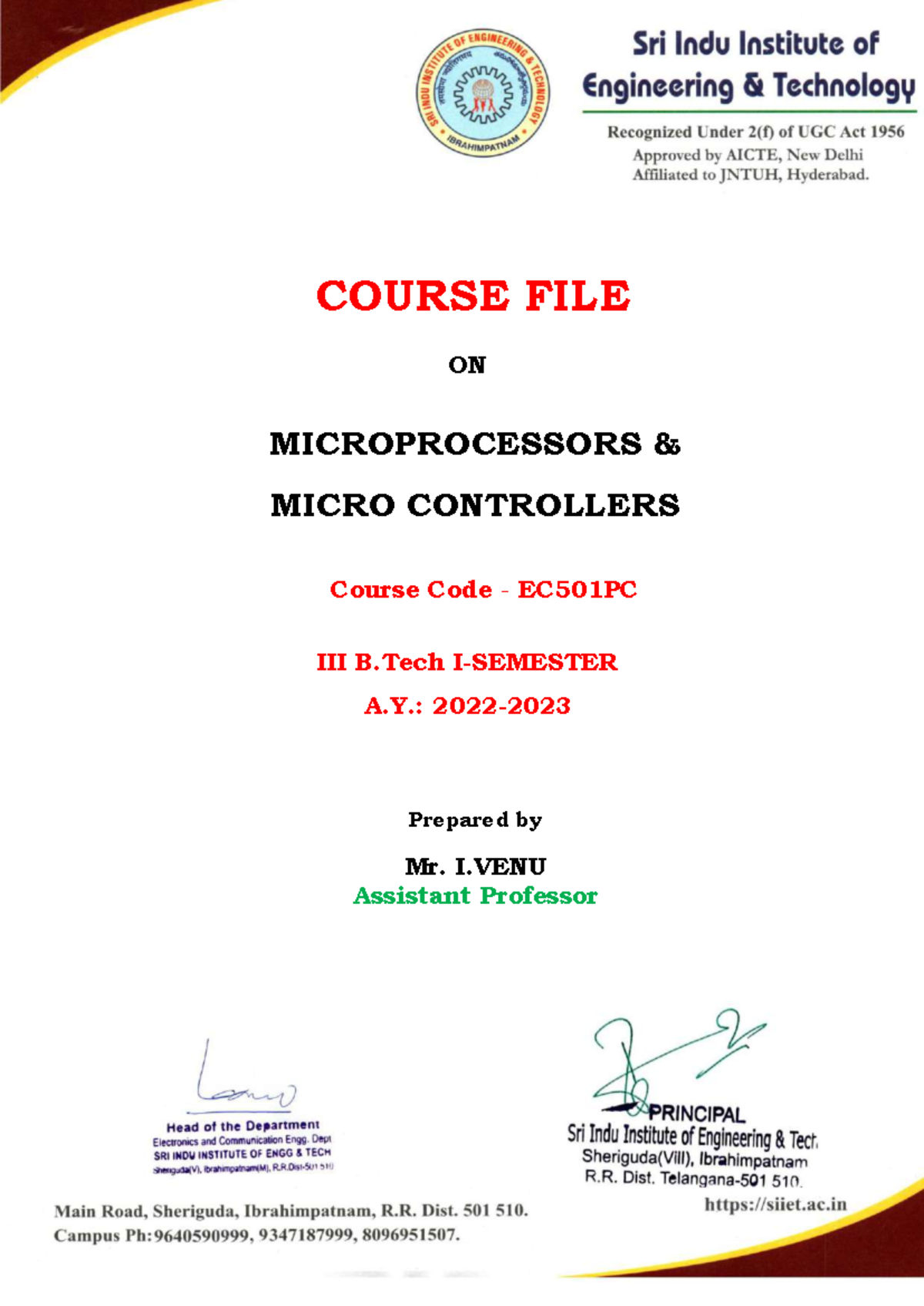 Course File: Microprocessors & Microcontrollers (EC501PC) - B.Tech A.Y ...