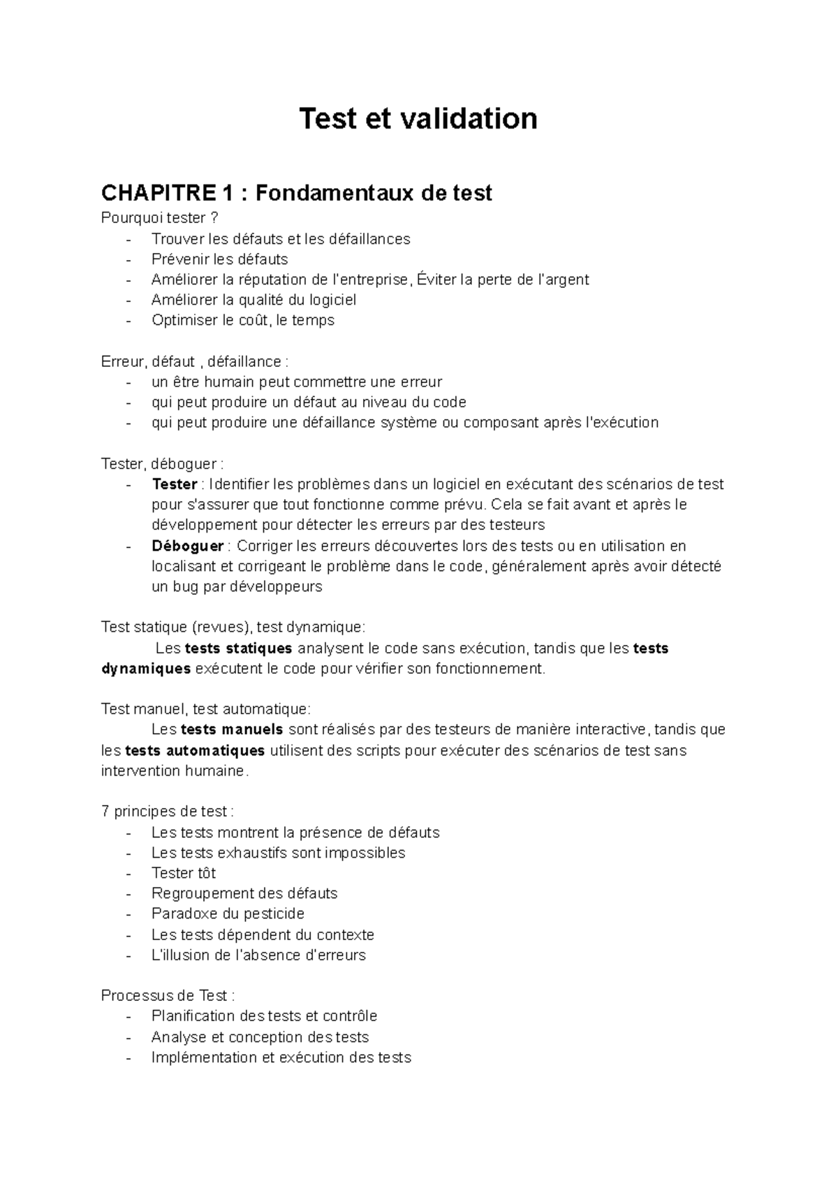Résumé de Cours Test et Validation - Chapitre 1 à 5 - Studocu