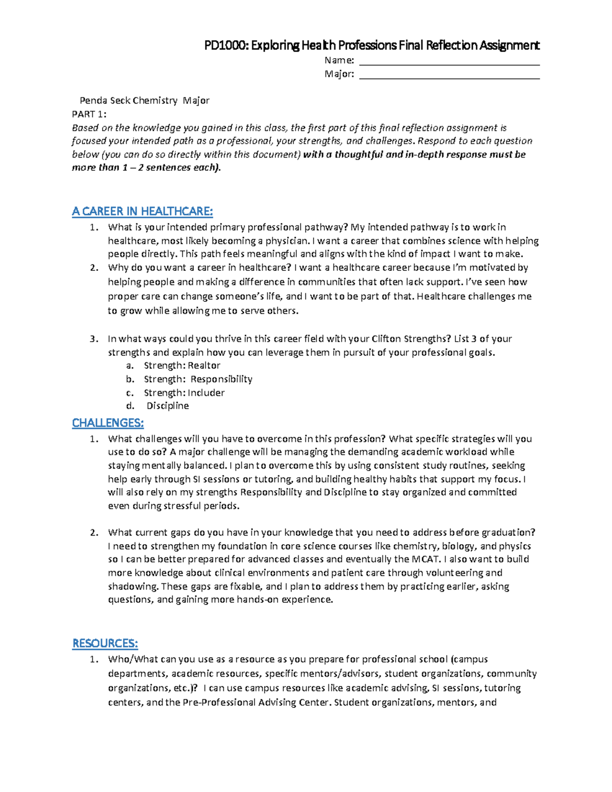 PD1000 Exploring Health Professions Final Reflection Assignment - Studocu
