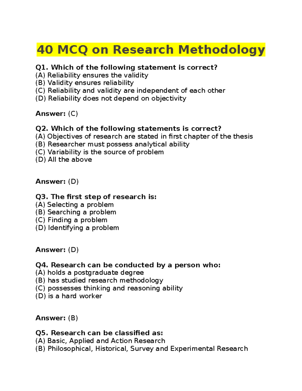 Quiz-2: MCQs on Research Methodology Concepts and Key Terms - Studocu