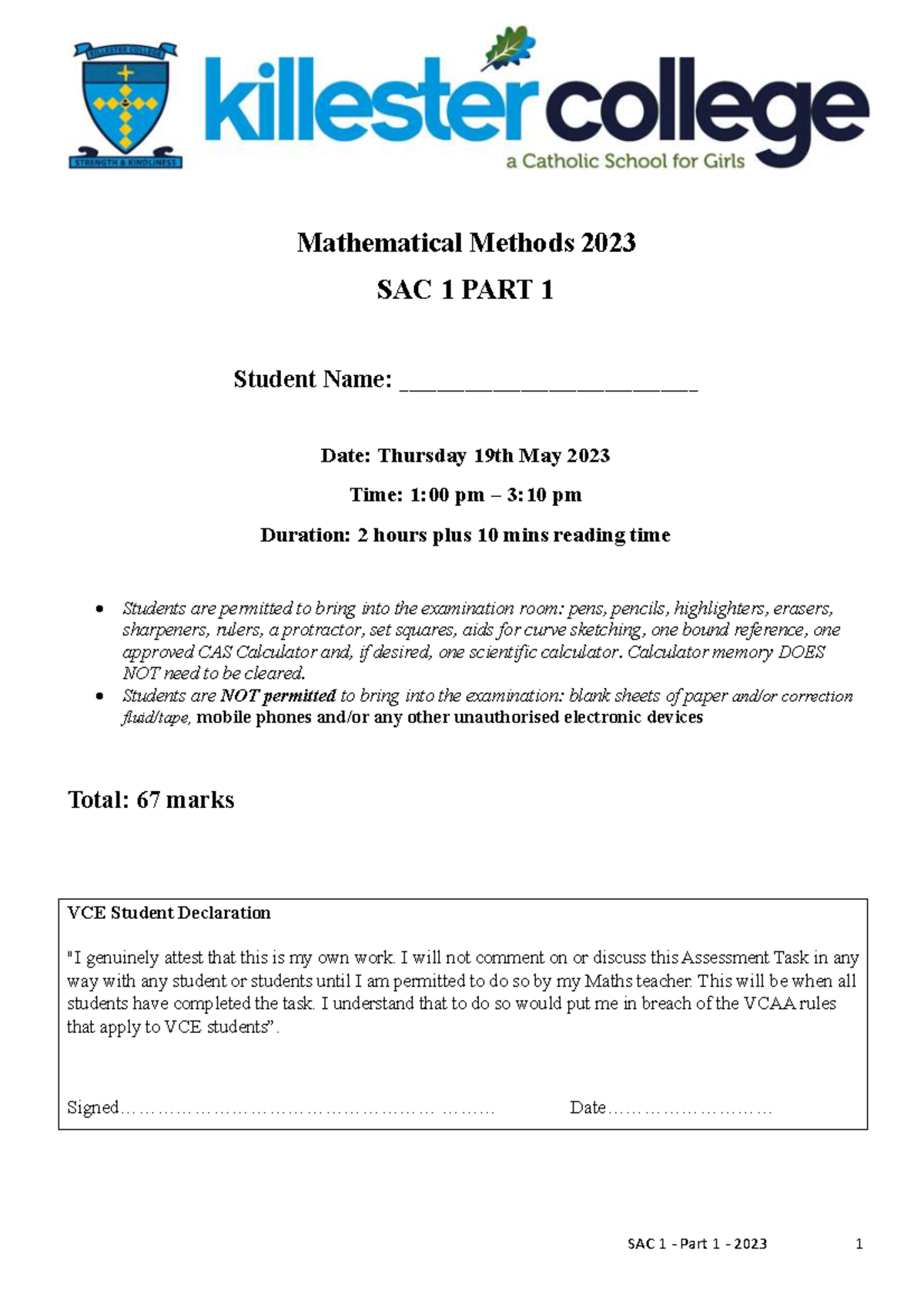 2023 MM SAC 1 Part 1: Mathematical Methods Exam Details and Questions ...