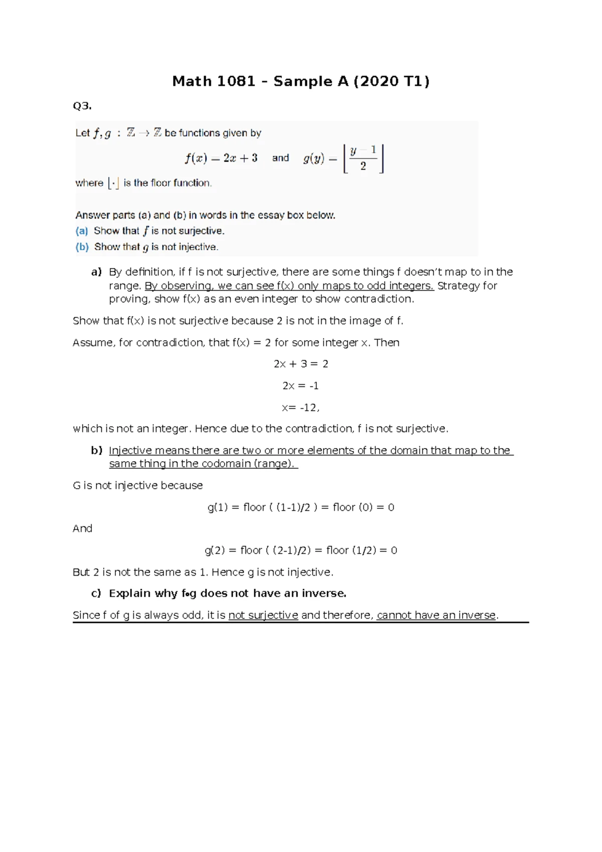 Exam 2008, questions and answers - Version 2a - MATH1081 Test 2 past ...