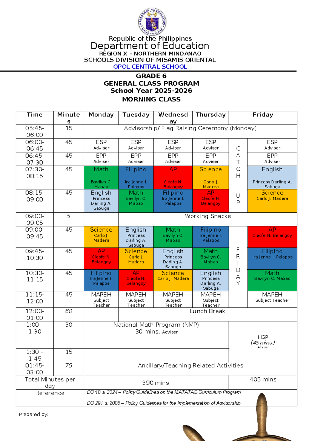 Grade 6 General Class Program SY 2024 - Opol Central School - Studocu