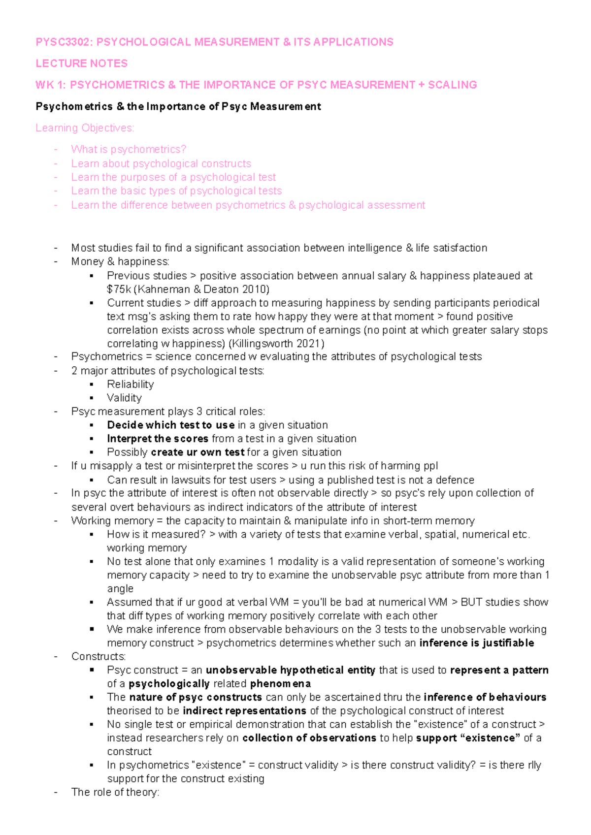 PYSC3302 Lecture Notes: Psychometrics & Measurement Applications - Studocu