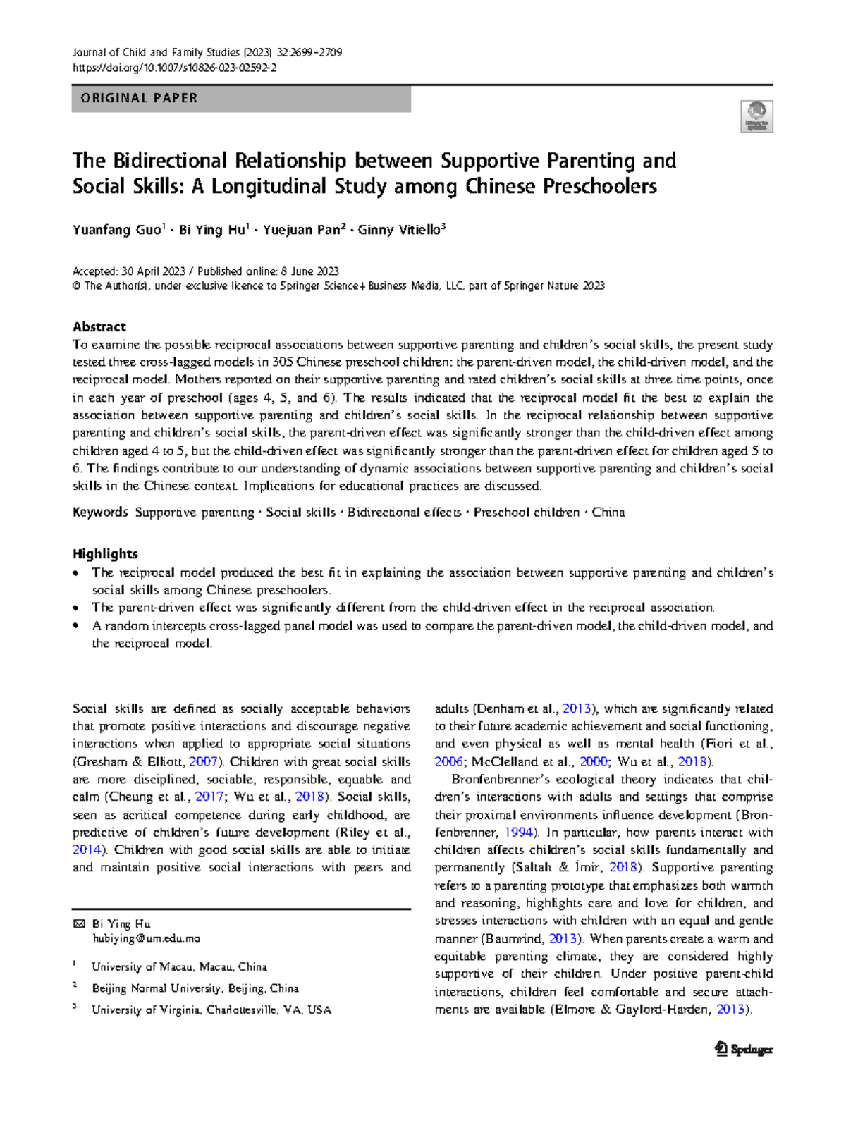 The bidirectional relationship between supportive parenting and social ...