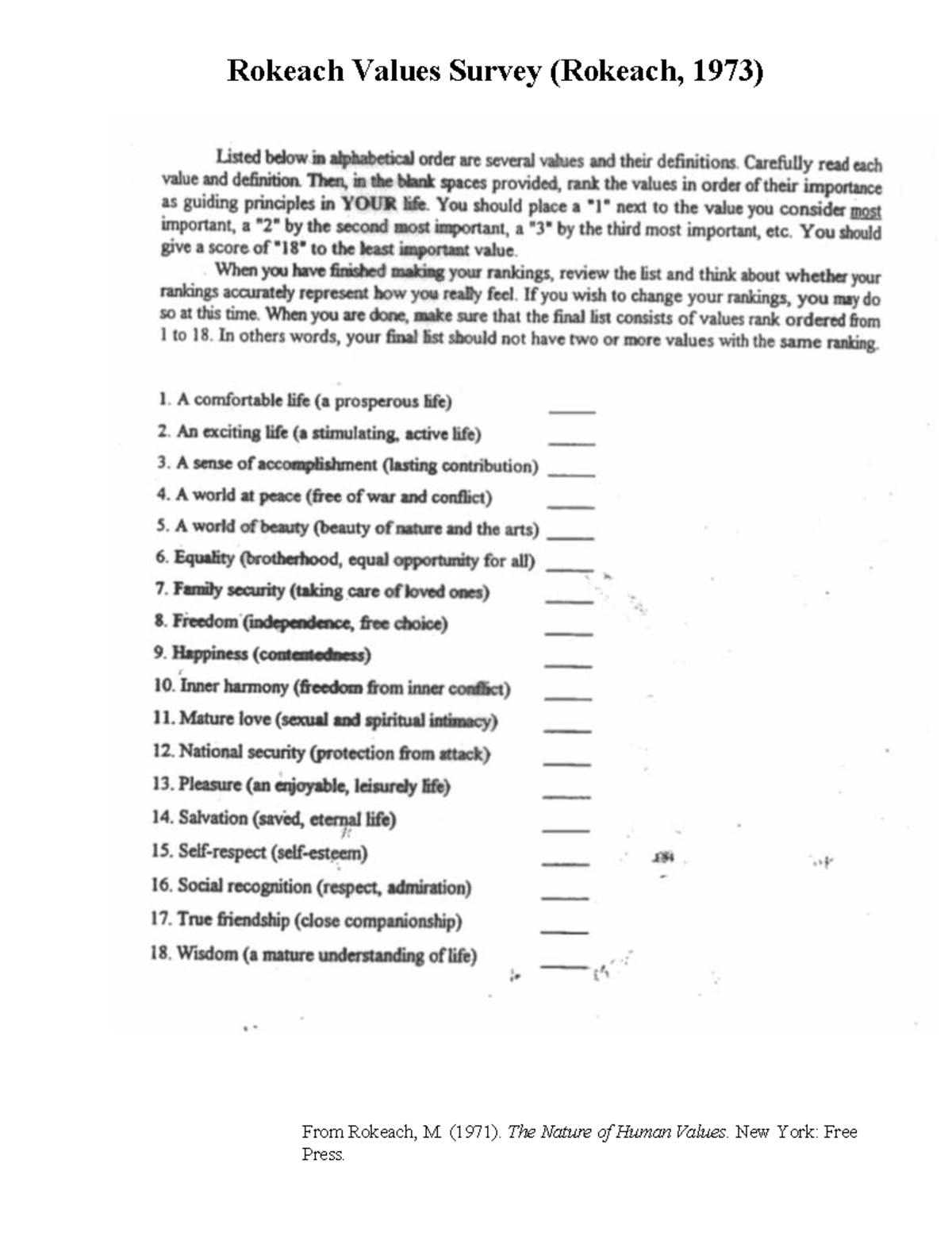 Rokeach Values Survey - Prep work - COMM 192 - Rokeach Values Survey ...