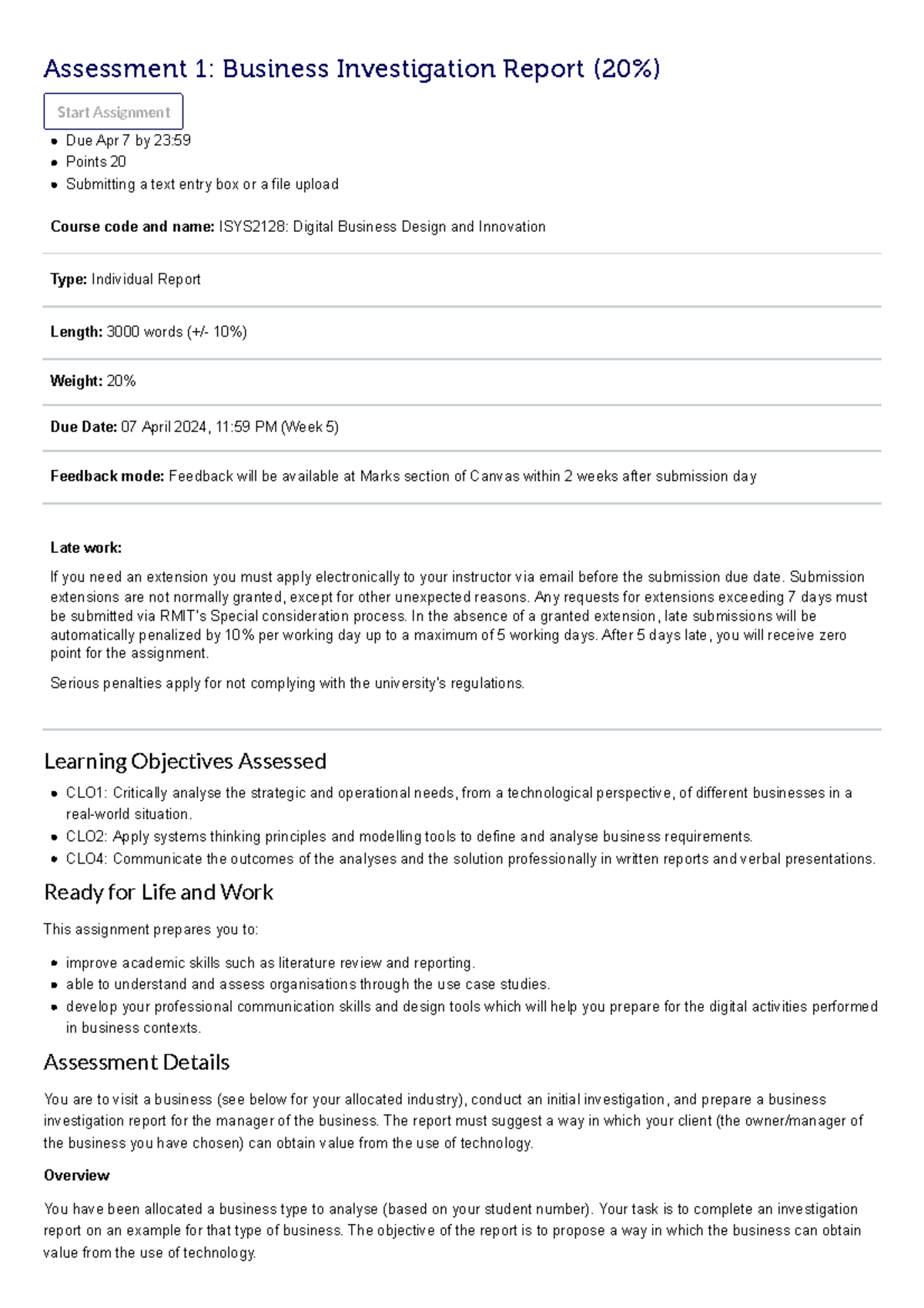 ISYS2128: Business Investigation Report - Assessment 1 (20%) - Studocu