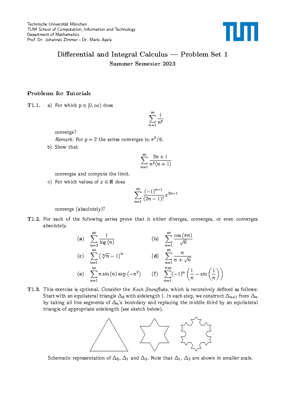 Differential and Integral Calculus Problem Set 1 - TUM Summer 2023 ...