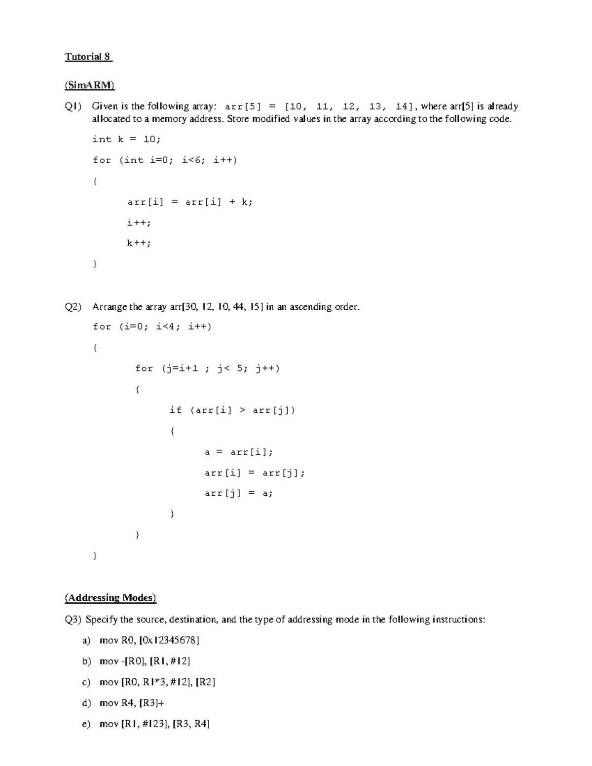 Coen311 Tutorial 8 - Array Modification & Addressing Modes Problems ...