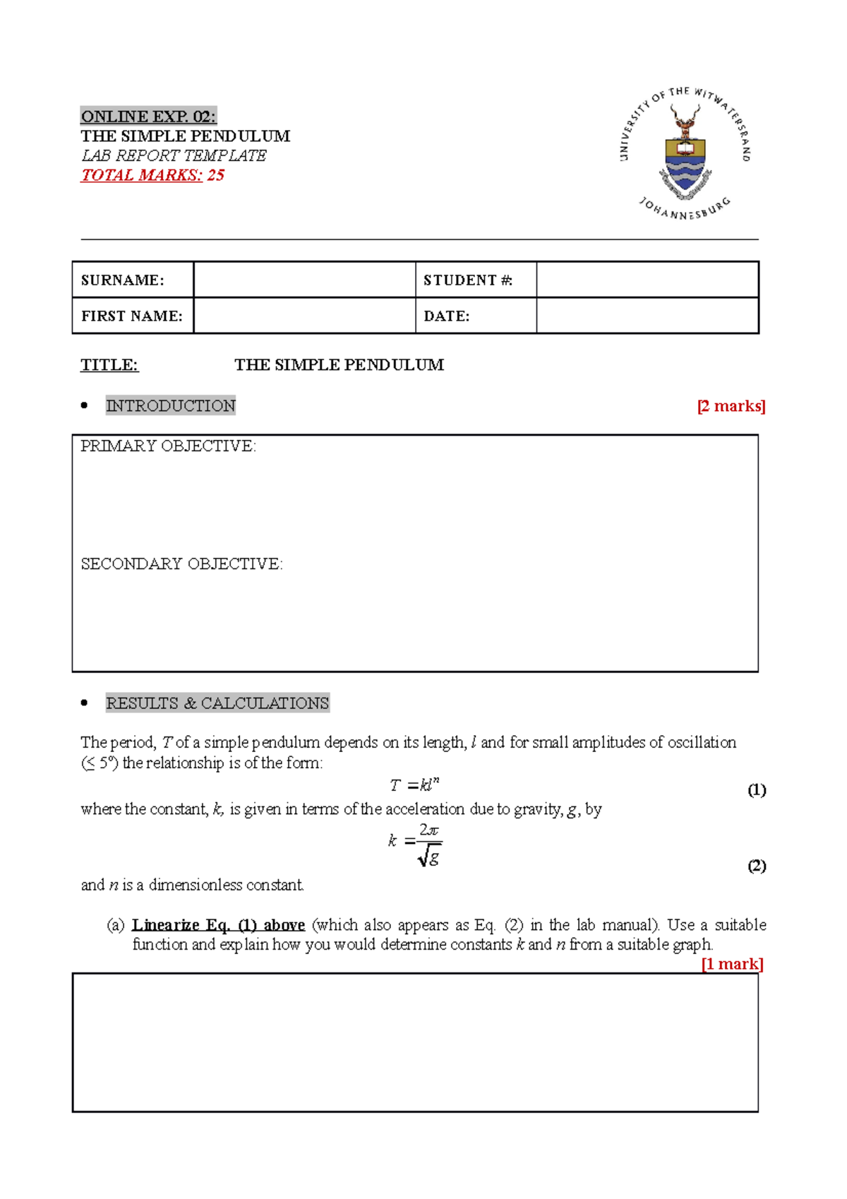 Online Exp02 - Simple Pendulum Lab Report Template for Students - Studocu