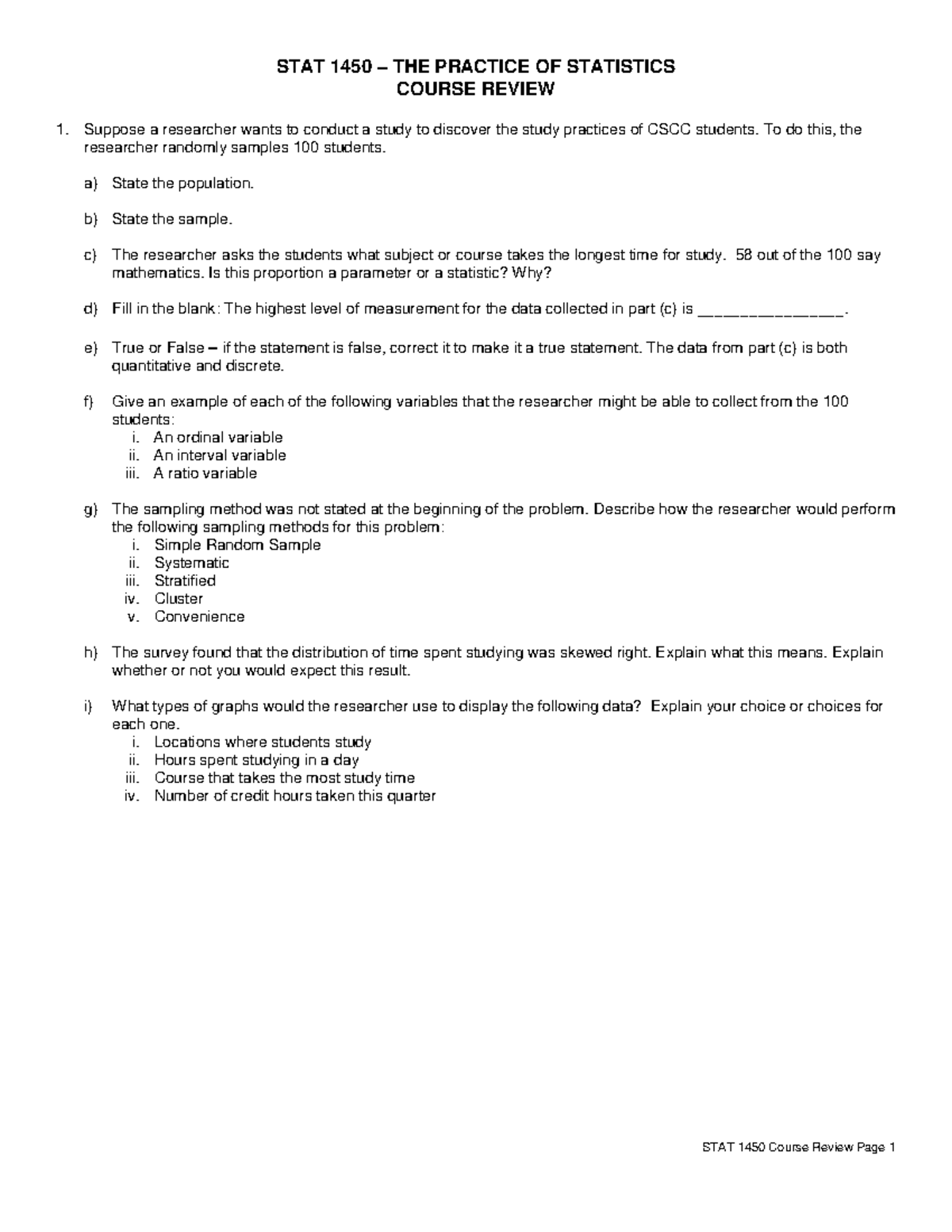 STAT 1450 – Comprehensive Review of Statistical Concepts and ...