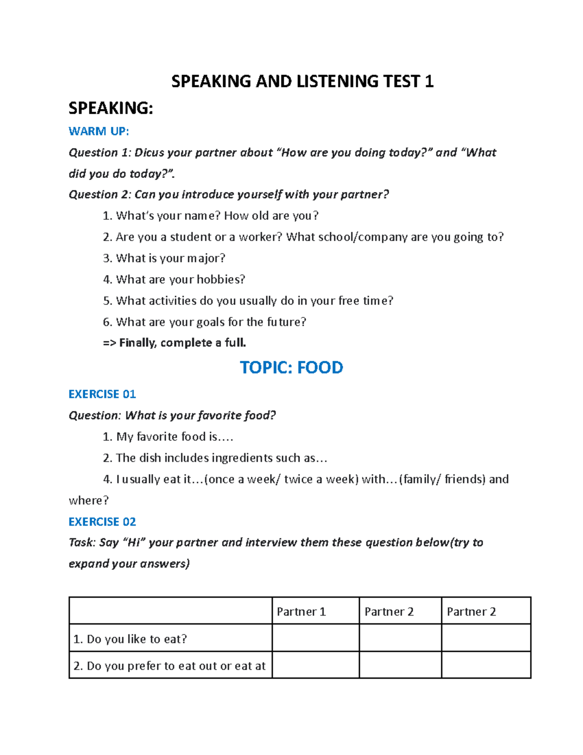 SPEAKING & LISTENING TEST 1: FOOD TOPICS & INTERVIEW QUESTIONS - Studocu