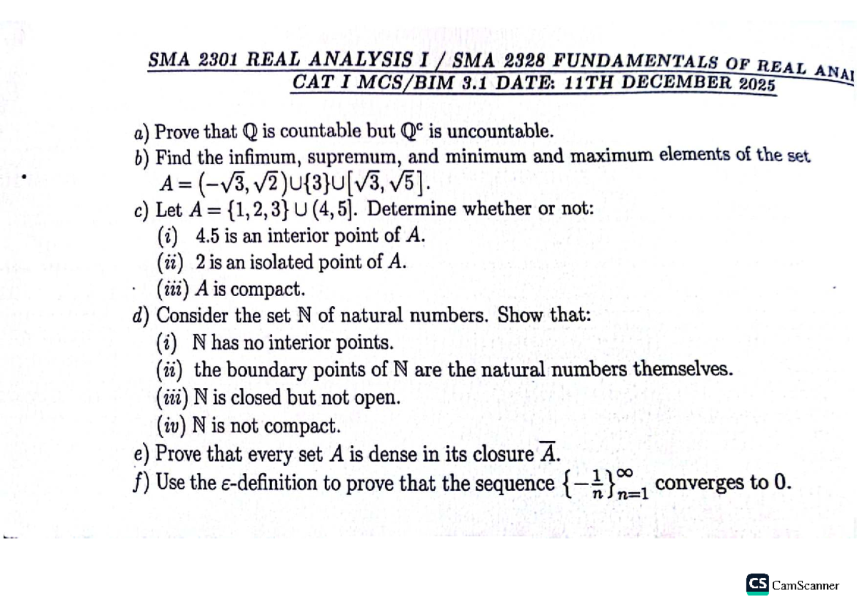 SMA 2301 & SMA 2328 Real Analysis: Cat I Exam Notes - Studocu