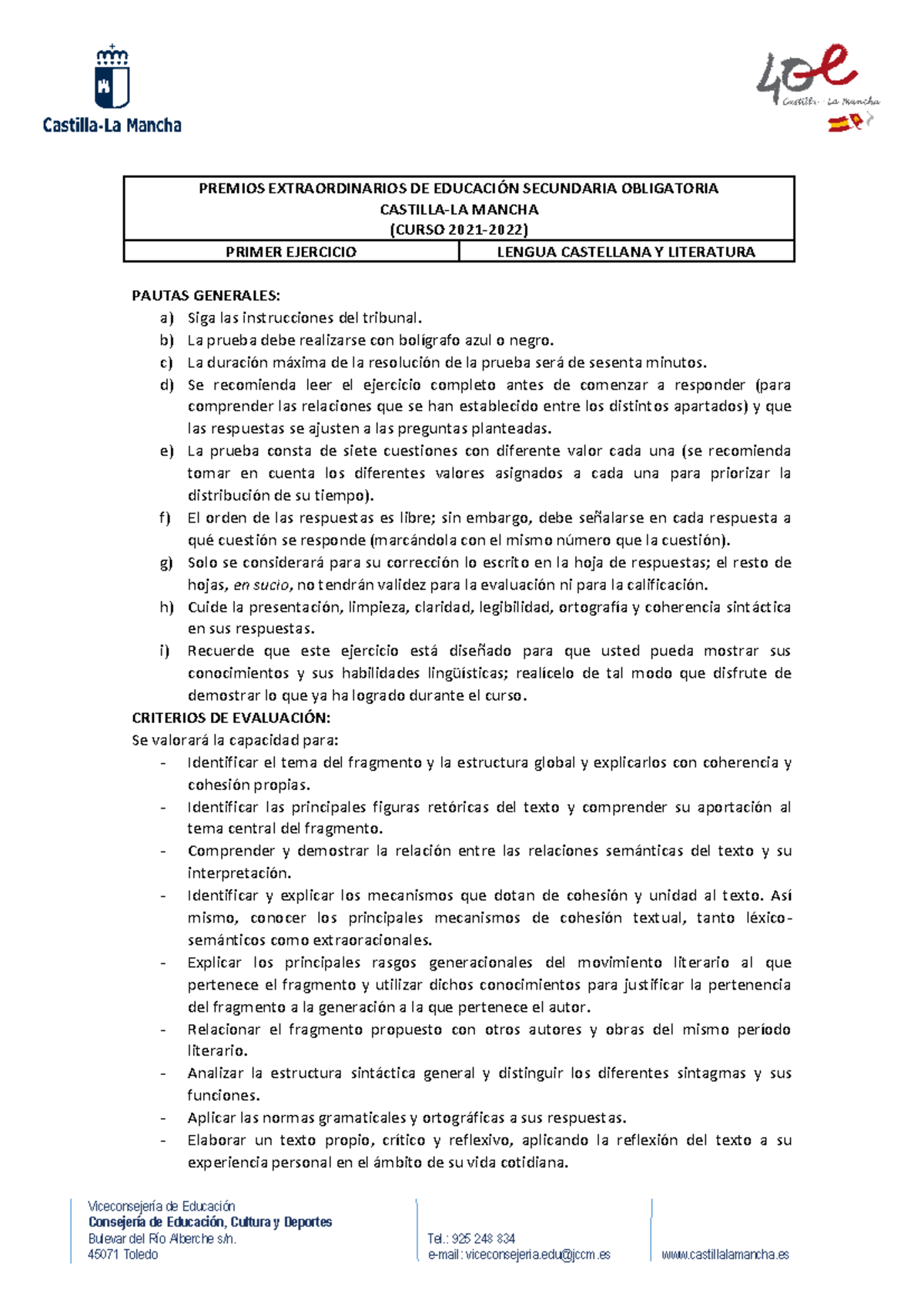 Prueba de Lengua Castellana y Literatura - Curso 1er Ejercicio - Studocu