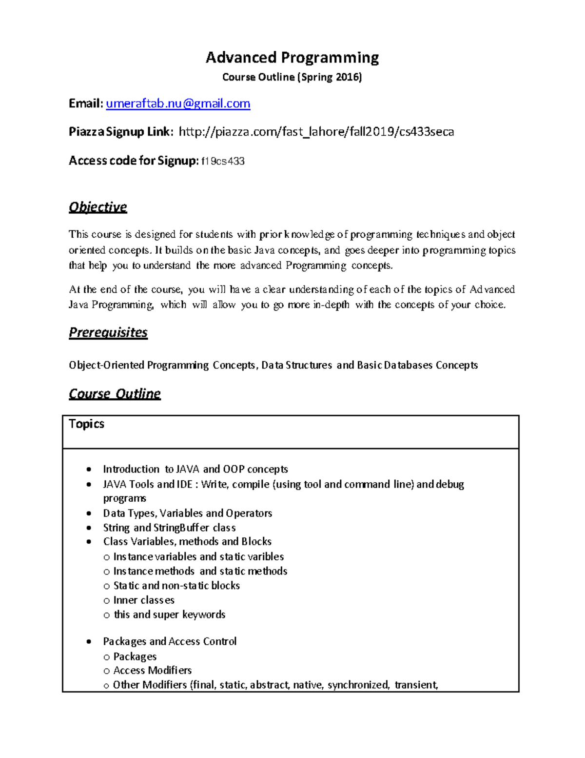 Advanced Programming (CS433) Course Outline - Spring 2016 - Studocu