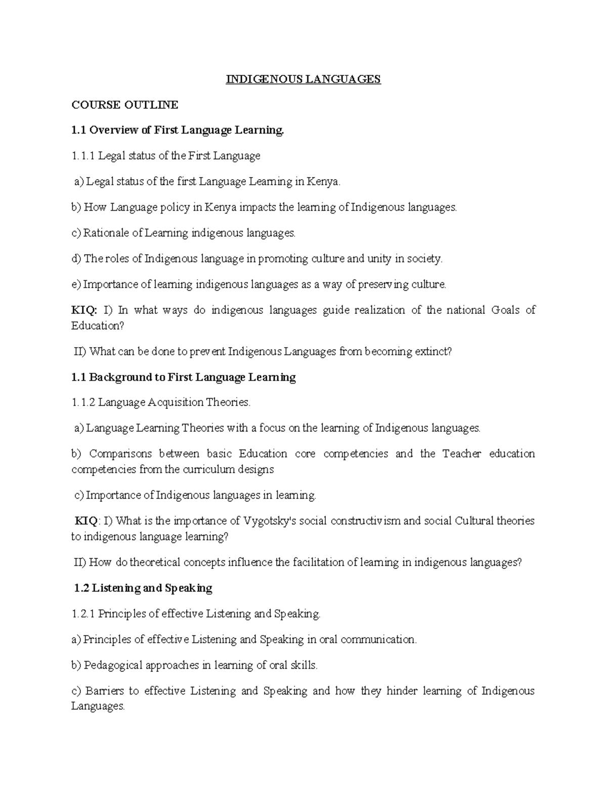 KIQ: Indigenous Languages Course Outline and Learning Strategies - Studocu