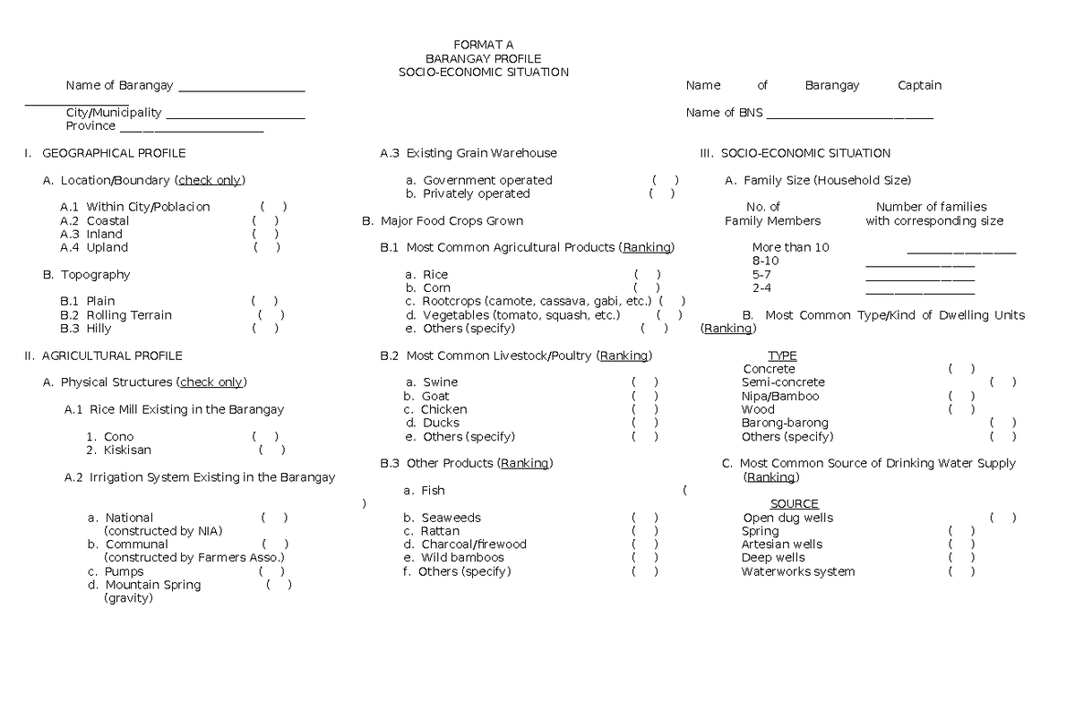 Barangay Profile Format A: Comprehensive Agricultural & Geographical ...
