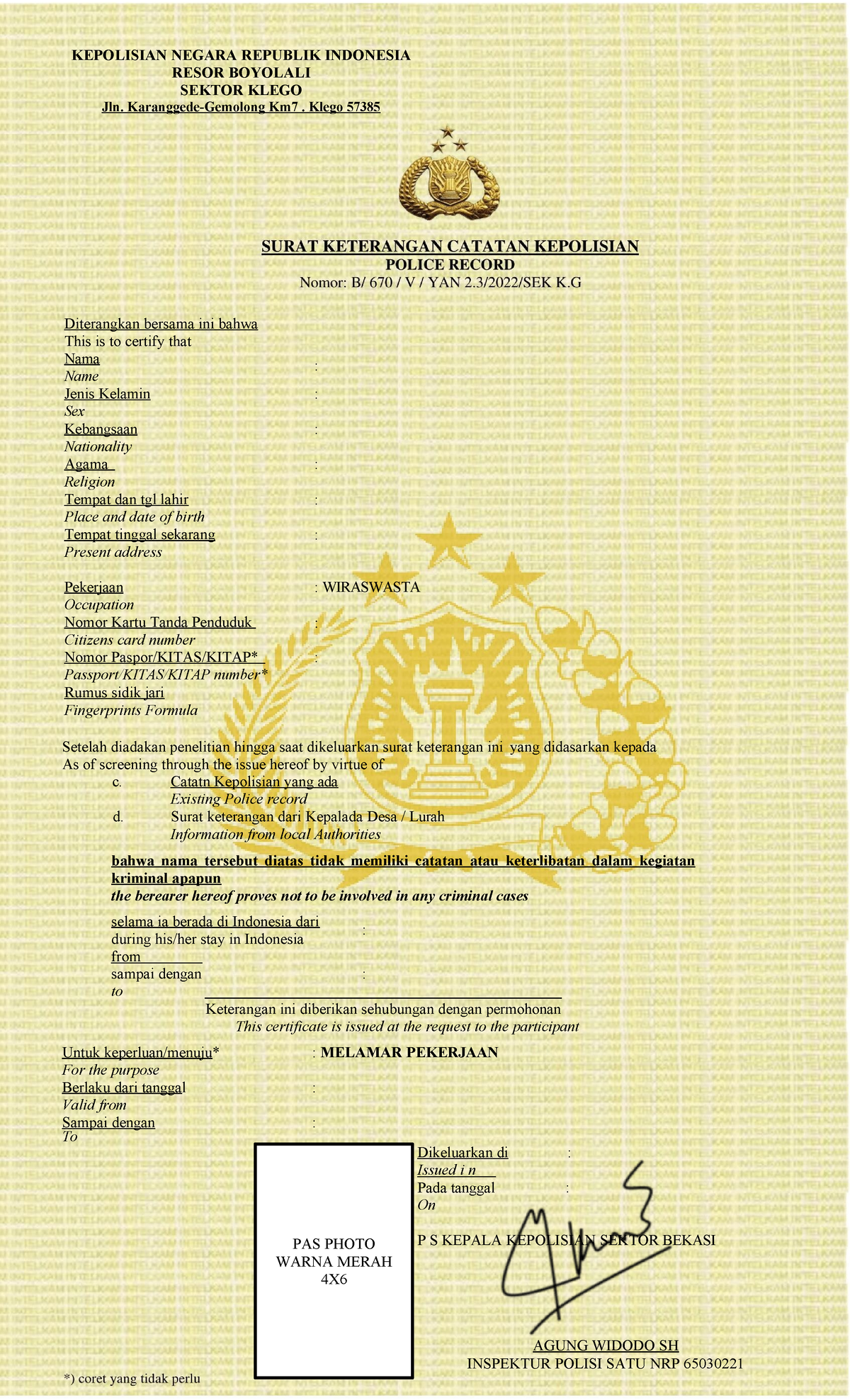SKCK Certificate - KEPOLISIAN NEGARA REPUBLIK INDONESIA - Studocu