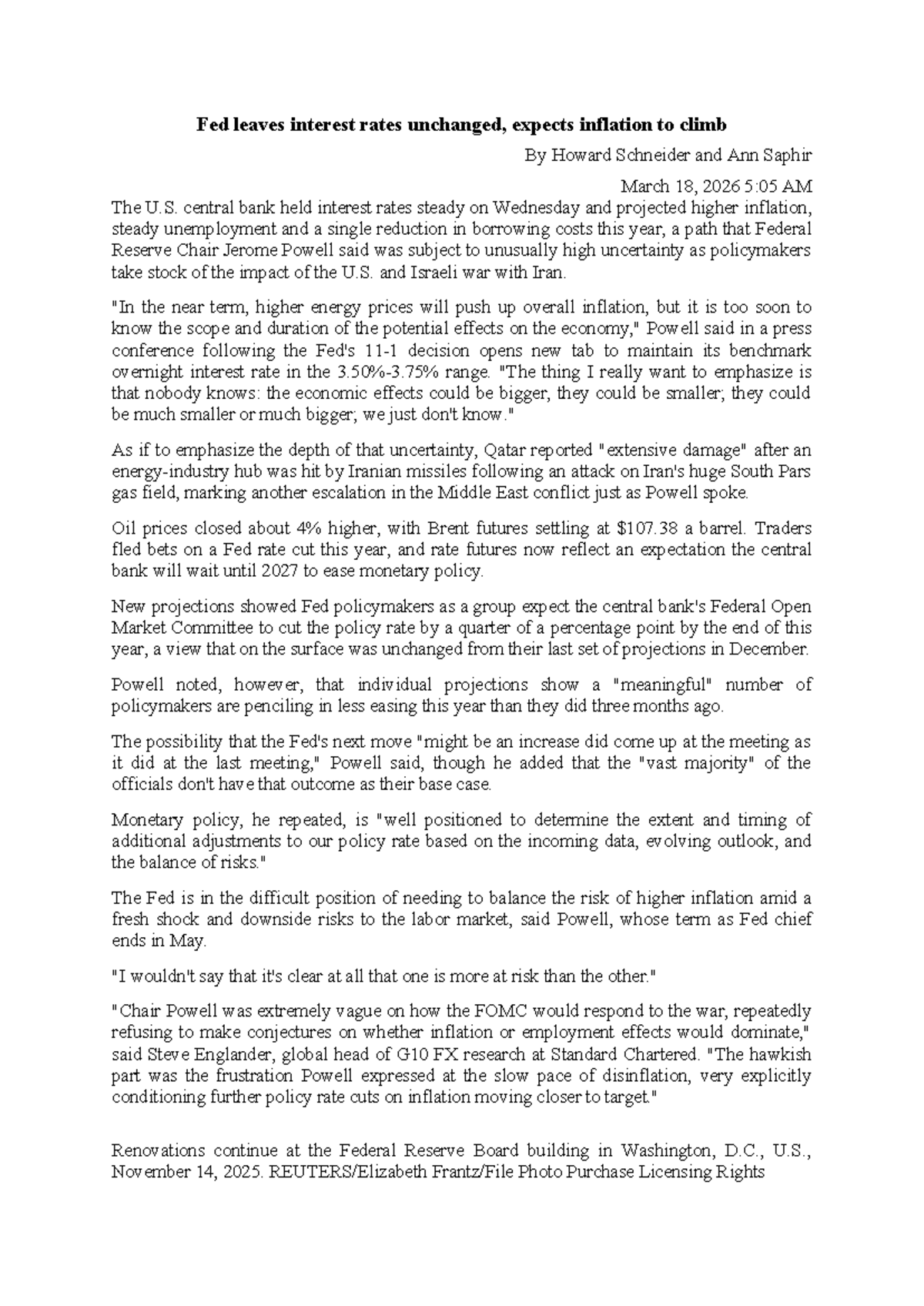 Fed Holds Interest Rates Steady Amid Inflation Concerns - March 2026 ...