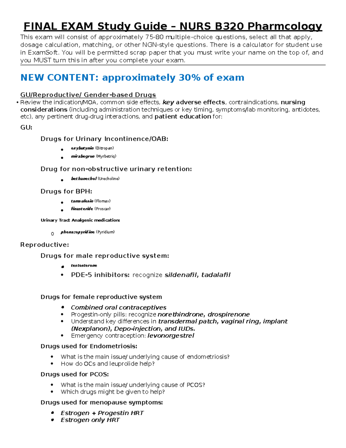 Pharm Final Exam Study Guide NURS B320 Spring 2026 - Studocu