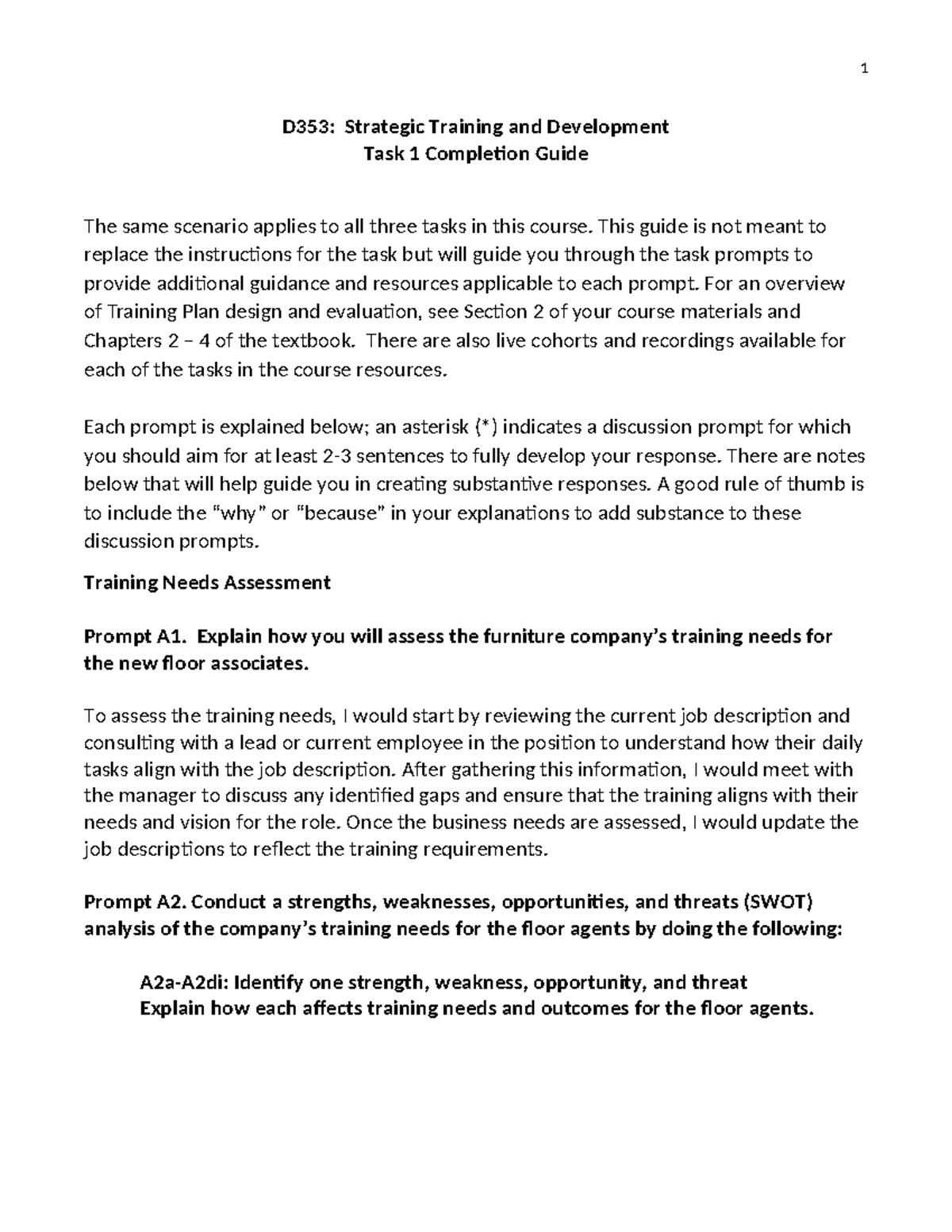D353 Task 1 - Strategic Training Needs Assessment Guide - Studocu