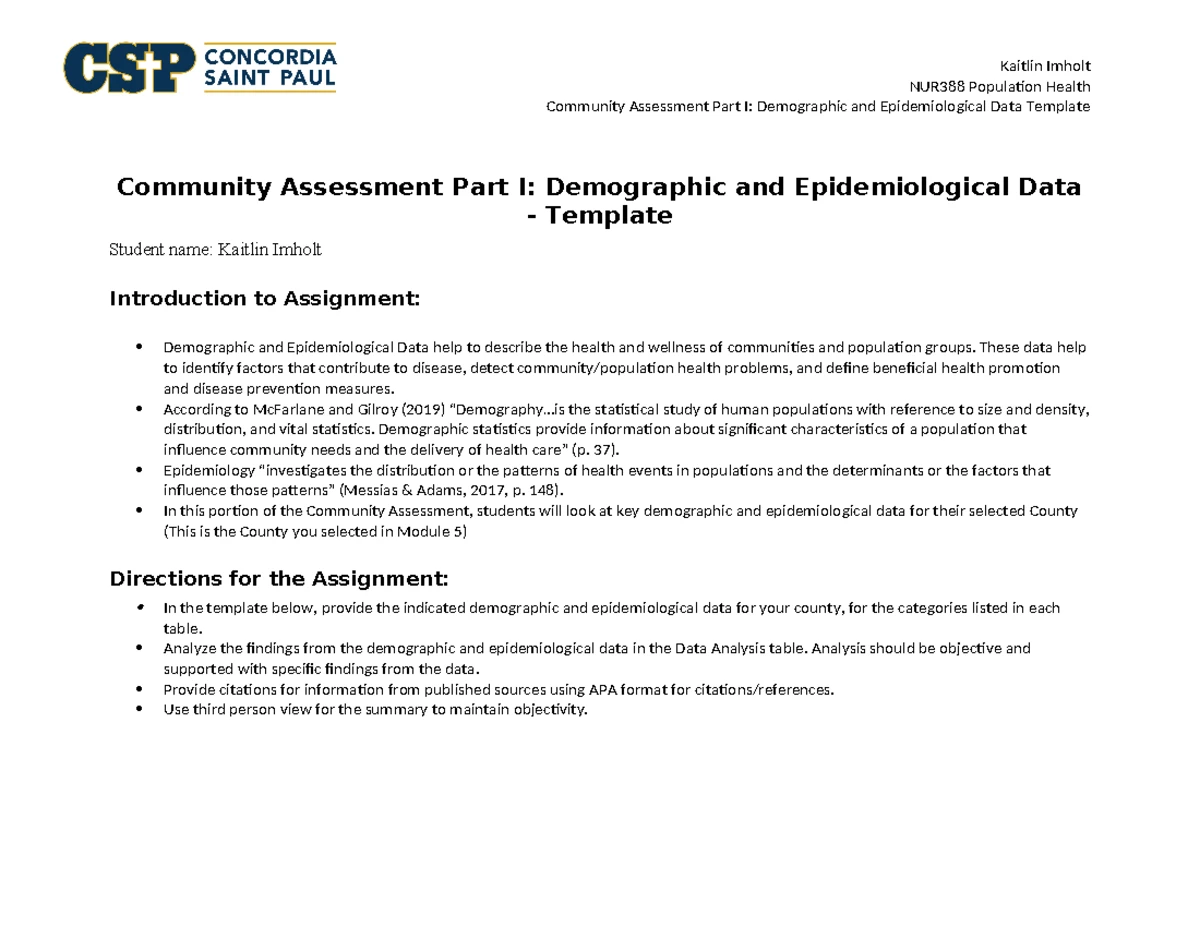NUR388 Community Assessment Part I: Demographic & Epidemiological Data ...