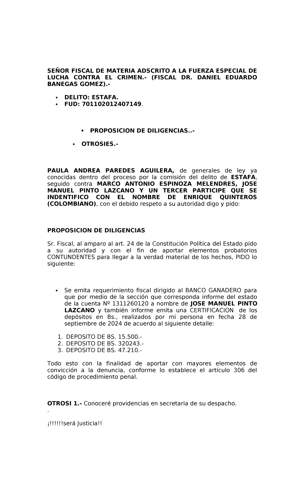 Proposición de Diligencias II - Caso de Estafa y Solicitudes de Pruebas - Document Preview