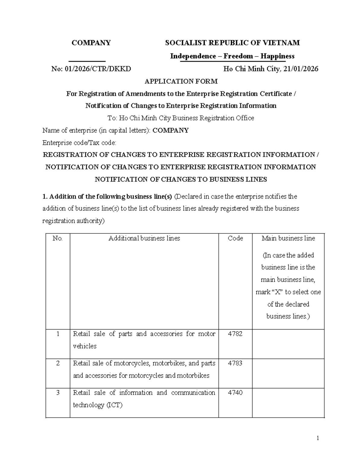 APPLICATION FORM FOR AMENDMENTS TO ENTERPRISE REGISTRATION - CTR EN ...