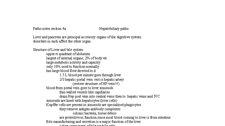 Patho Notes 4A: Hepatobiliary System and Liver Function Disorders - Studocu