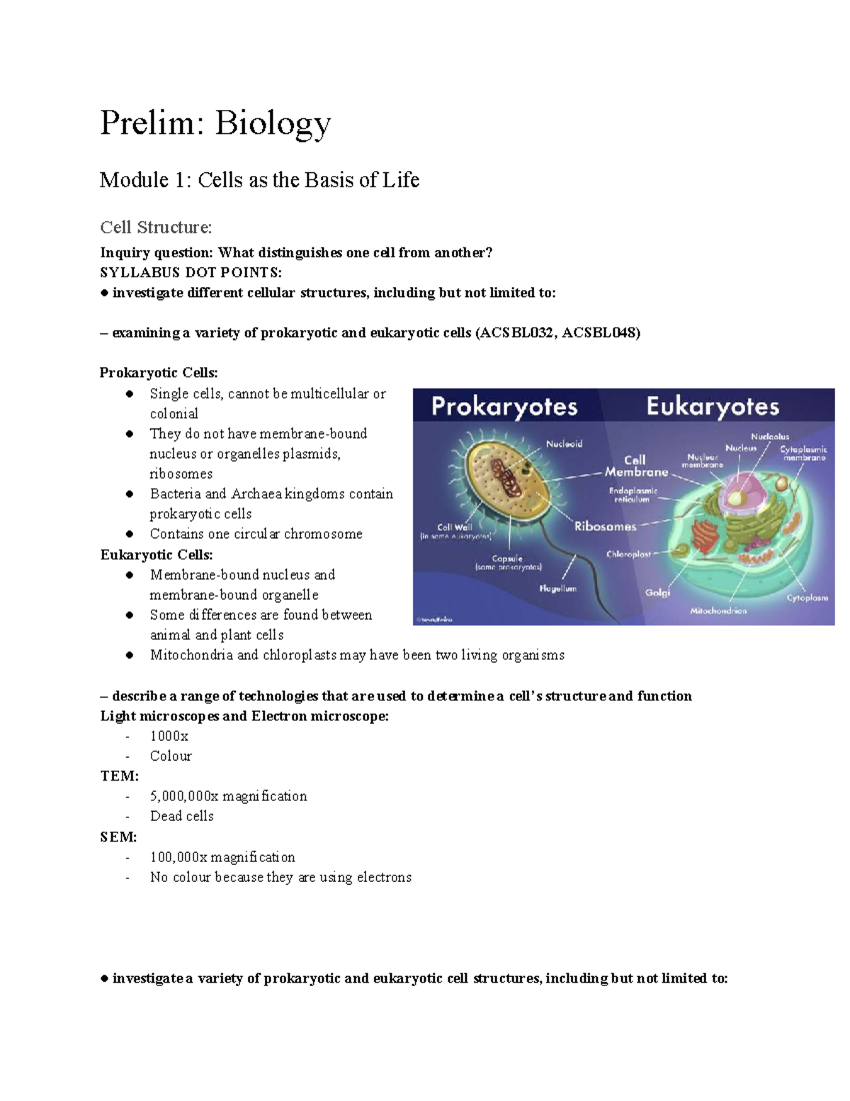 Prelim: Biology Module 1 - Cells as the Basis of Life Study Notes - Studocu