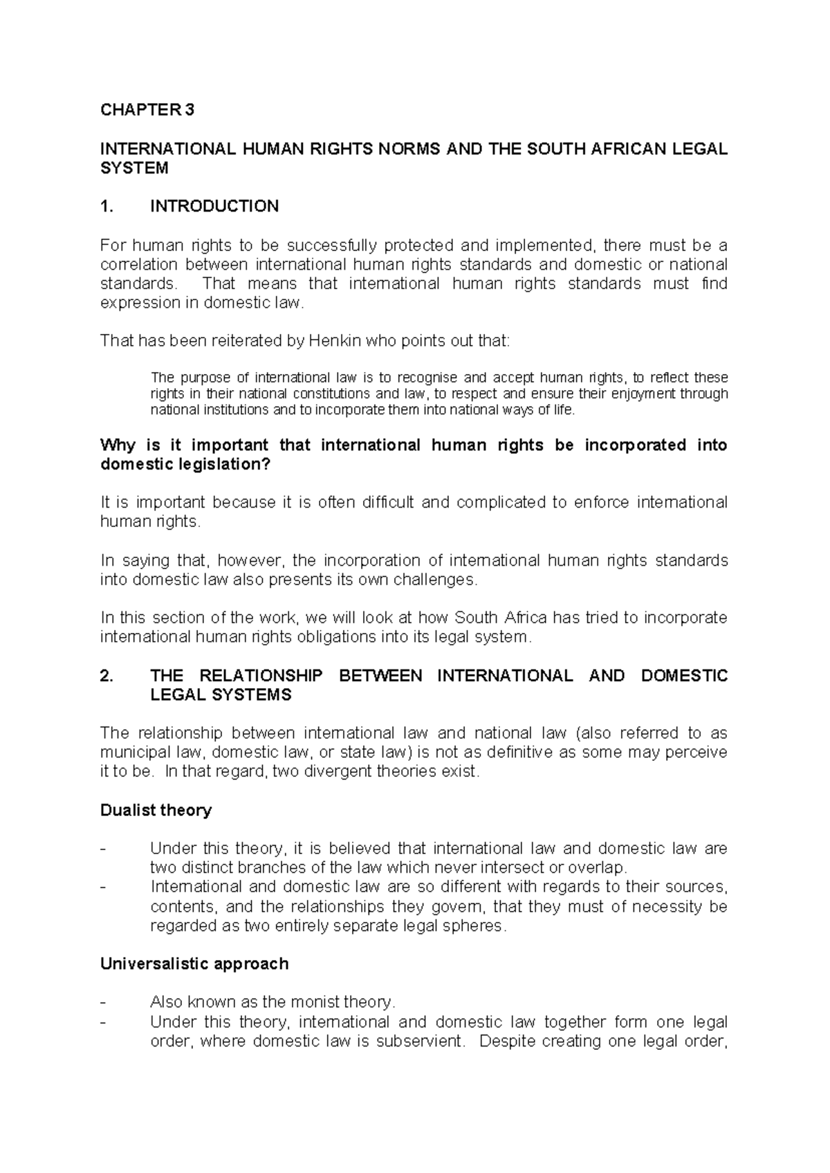 LECTURE NOTES: CHAPTER 3 - INTERNATIONAL HUMAN RIGHTS & SA LAW - Studocu