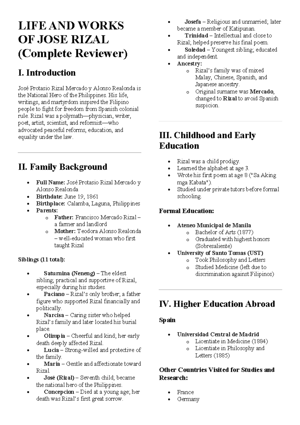 LIT 101: Jose Rizal - Comprehensive Study Notes on His Life and Works ...