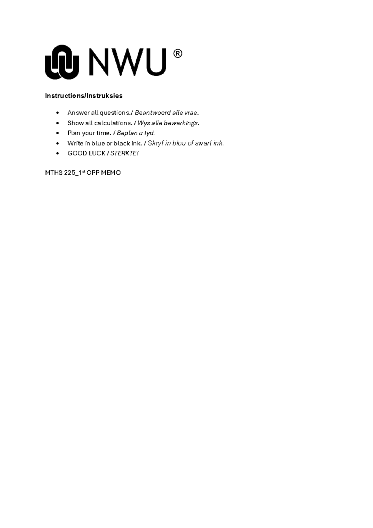 MTHS225 Final Exam Memo 2024: Detailed Solutions and Instructions - Studocu