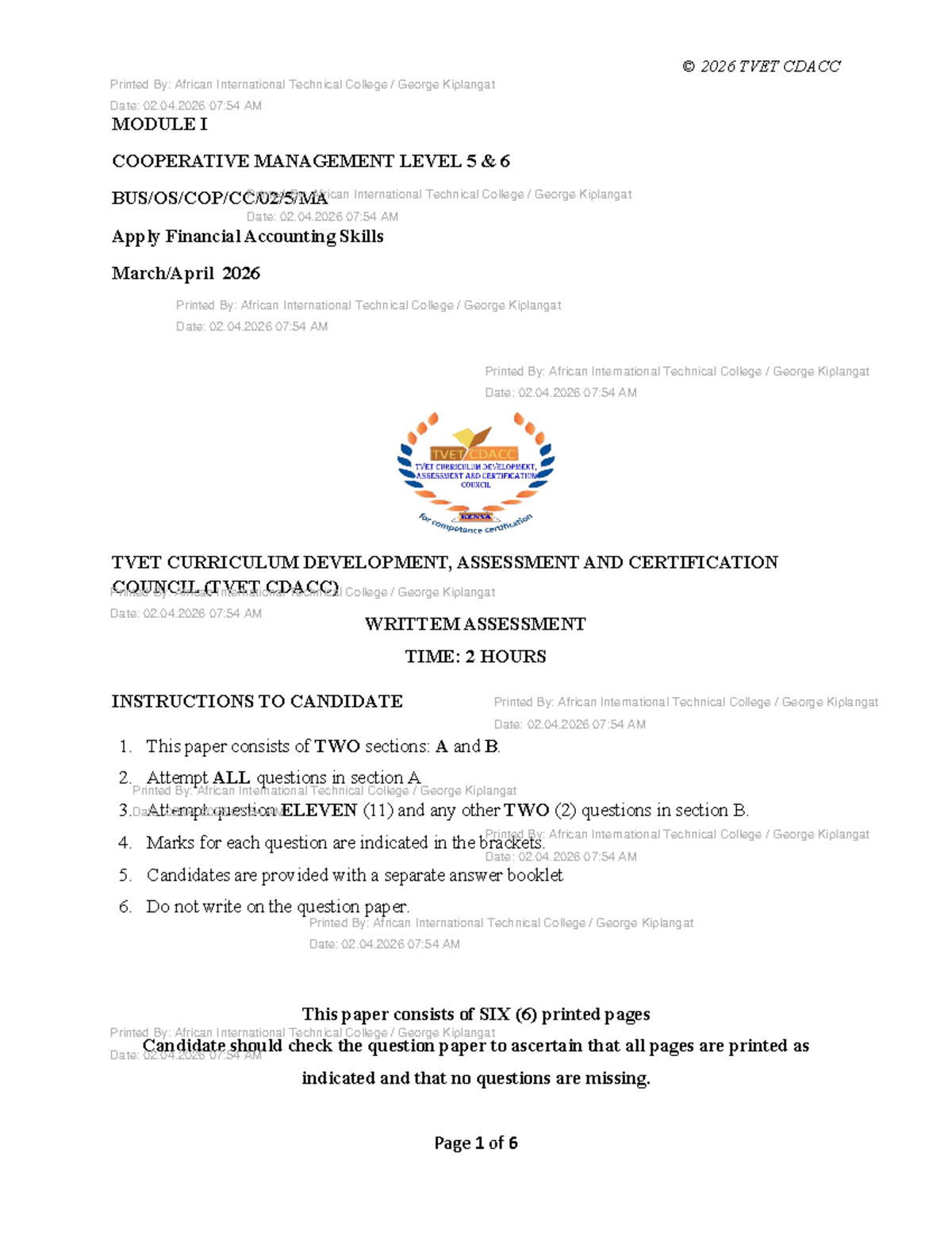 2026 TVET CDACC Level 5 Cooperative Management Exam Paper - Studocu